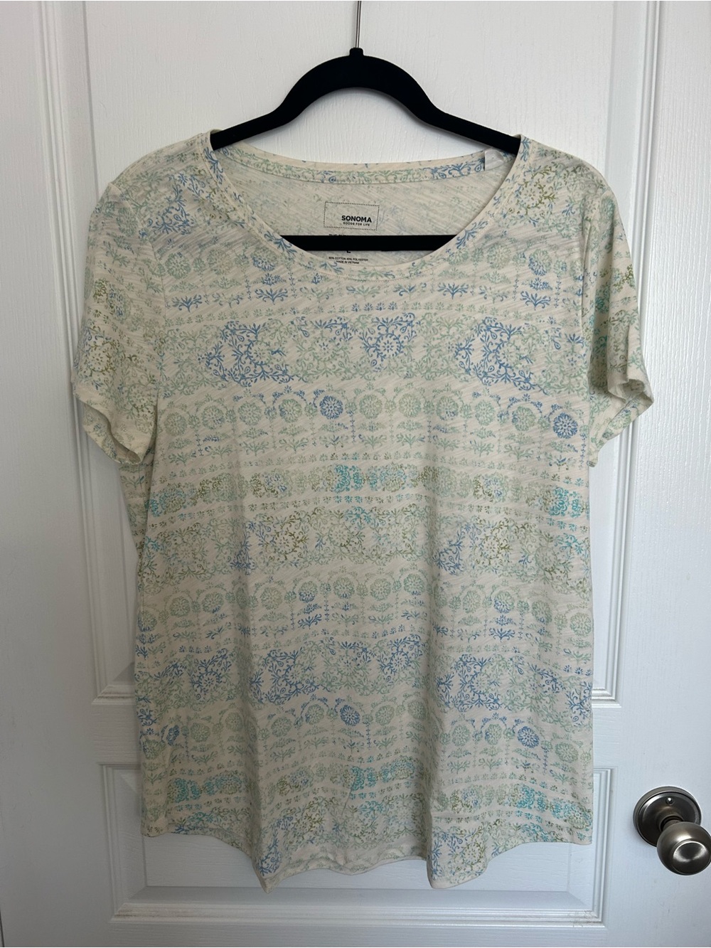 Sonoma Cream Scoop Neck Tee with Blue and Green Floral Stripe Motif